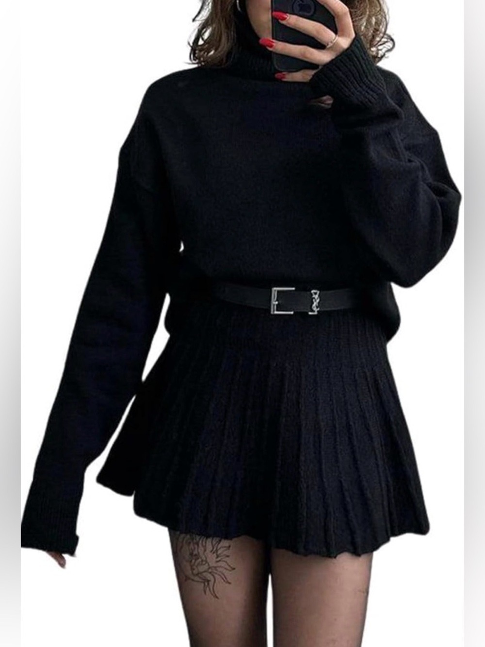 2 Piece Chic Oversized Turtleneck Sweater & Pleated Mini Skirt Knit Set